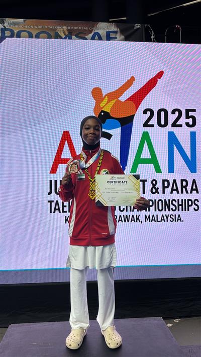 ماجدة الكتبي تحقق الميدالية البرونزية في بطولة آسيا للناشئين والشباب للتايكوندو في ماليزيا
